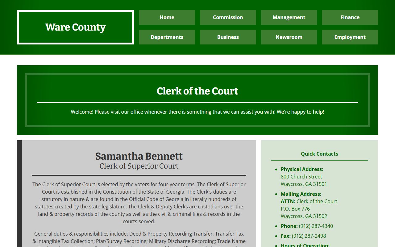 Ware County Superior Court Clerk office for family court records in Waycross